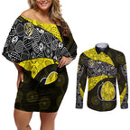 Personalized Richmond Football Couples Matching Off Shoulder Short Dress and Long Sleeve Button Shirt Easter Egg Pattern Yellow Black Tribal Dot Art Style