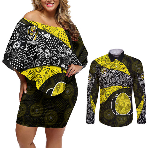 Personalized Richmond Football Couples Matching Off Shoulder Short Dress and Long Sleeve Button Shirt Easter Egg Pattern Yellow Black Tribal Dot Art Style