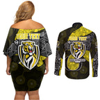 Personalized Richmond Football Couples Matching Off Shoulder Short Dress and Long Sleeve Button Shirt Easter Egg Pattern Yellow Black Tribal Dot Art Style