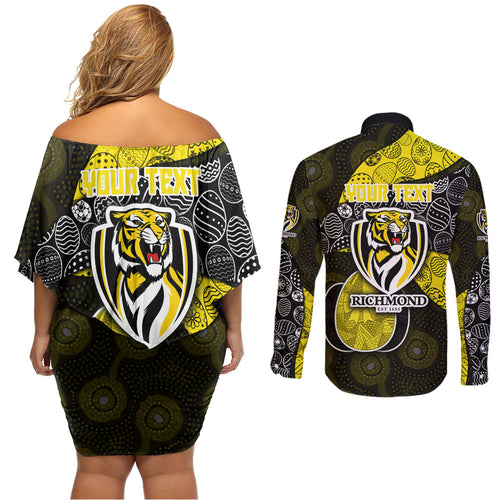 Personalized Richmond Football Couples Matching Off Shoulder Short Dress and Long Sleeve Button Shirt Easter Egg Pattern Yellow Black Tribal Dot Art Style