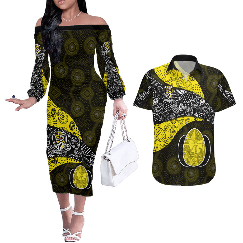 Personalized Richmond Football Couples Matching Off The Shoulder Long Sleeve Dress and Hawaiian Shirt Easter Egg Pattern Yellow Black Tribal Dot Art Style