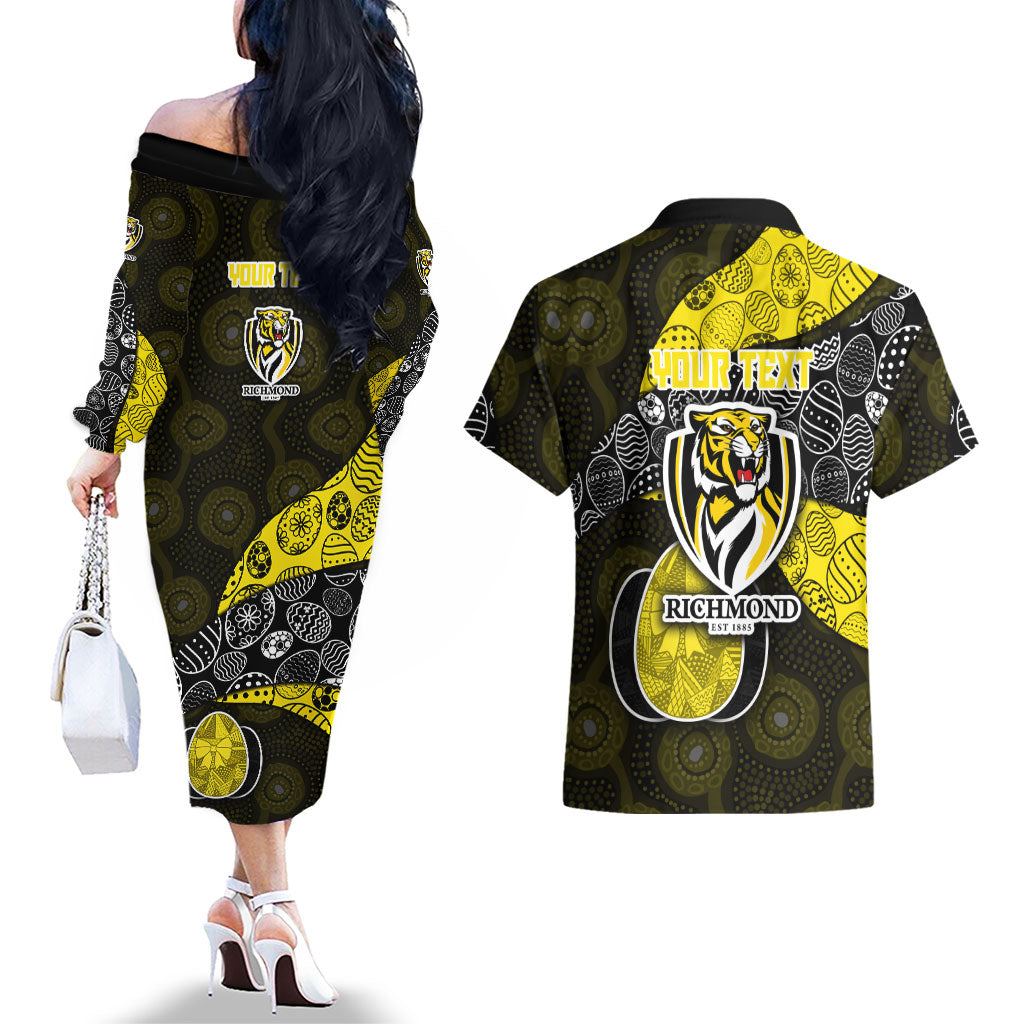 Personalized Richmond Football Couples Matching Off The Shoulder Long Sleeve Dress and Hawaiian Shirt Easter Egg Pattern Yellow Black Tribal Dot Art Style