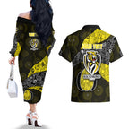 Personalized Richmond Football Couples Matching Off The Shoulder Long Sleeve Dress and Hawaiian Shirt Easter Egg Pattern Yellow Black Tribal Dot Art Style