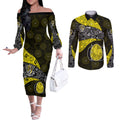 Personalized Richmond Football Couples Matching Off The Shoulder Long Sleeve Dress and Long Sleeve Button Shirt Easter Egg Pattern Yellow Black Tribal Dot Art Style