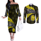 Personalized Richmond Football Couples Matching Off The Shoulder Long Sleeve Dress and Long Sleeve Button Shirt Easter Egg Pattern Yellow Black Tribal Dot Art Style