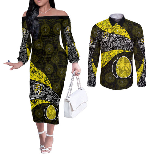 Personalized Richmond Football Couples Matching Off The Shoulder Long Sleeve Dress and Long Sleeve Button Shirt Easter Egg Pattern Yellow Black Tribal Dot Art Style