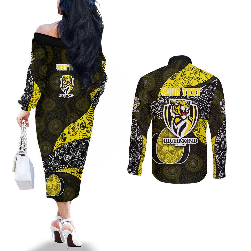 Personalized Richmond Football Couples Matching Off The Shoulder Long Sleeve Dress and Long Sleeve Button Shirt Easter Egg Pattern Yellow Black Tribal Dot Art Style