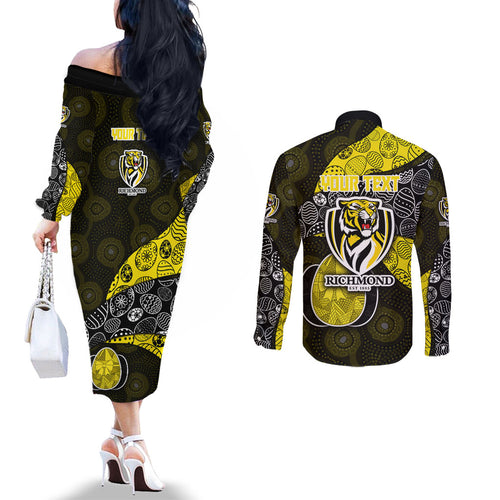 Personalized Richmond Football Couples Matching Off The Shoulder Long Sleeve Dress and Long Sleeve Button Shirt Easter Egg Pattern Yellow Black Tribal Dot Art Style