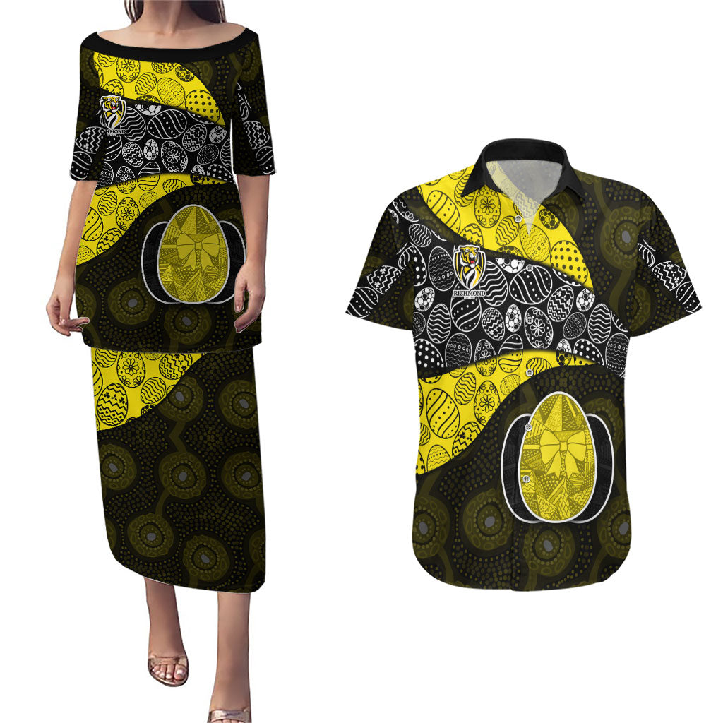 Personalized Richmond Football Couples Matching Puletasi and Hawaiian Shirt Easter Egg Pattern Yellow Black Tribal Dot Art Style
