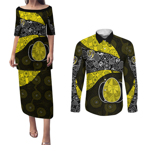 Personalized Richmond Football Couples Matching Puletasi and Long Sleeve Button Shirt Easter Egg Pattern Yellow Black Tribal Dot Art Style