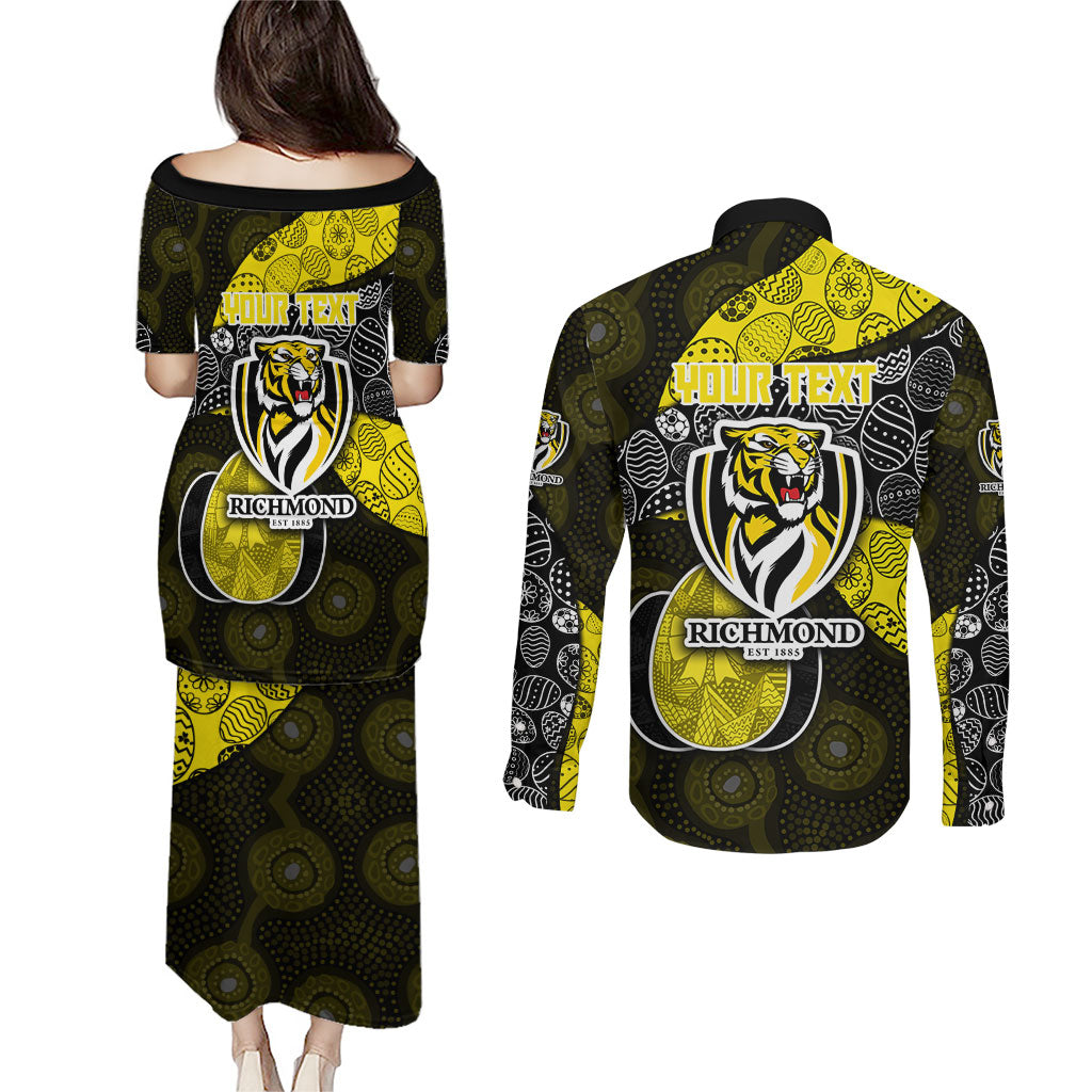 Personalized Richmond Football Couples Matching Puletasi and Long Sleeve Button Shirt Easter Egg Pattern Yellow Black Tribal Dot Art Style