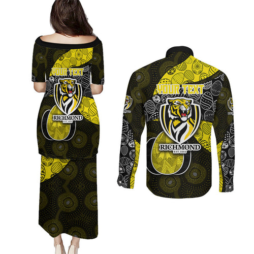 Personalized Richmond Football Couples Matching Puletasi and Long Sleeve Button Shirt Easter Egg Pattern Yellow Black Tribal Dot Art Style