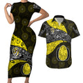 Personalized Richmond Football Couples Matching Short Sleeve Bodycon Dress and Hawaiian Shirt Easter Egg Pattern Yellow Black Tribal Dot Art Style