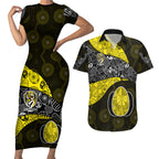 Personalized Richmond Football Couples Matching Short Sleeve Bodycon Dress and Hawaiian Shirt Easter Egg Pattern Yellow Black Tribal Dot Art Style