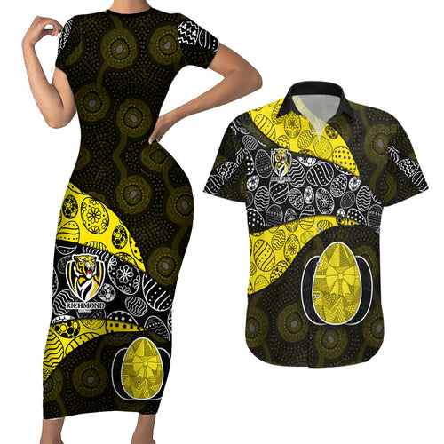 Personalized Richmond Football Couples Matching Short Sleeve Bodycon Dress and Hawaiian Shirt Easter Egg Pattern Yellow Black Tribal Dot Art Style