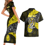 Personalized Richmond Football Couples Matching Short Sleeve Bodycon Dress and Hawaiian Shirt Easter Egg Pattern Yellow Black Tribal Dot Art Style