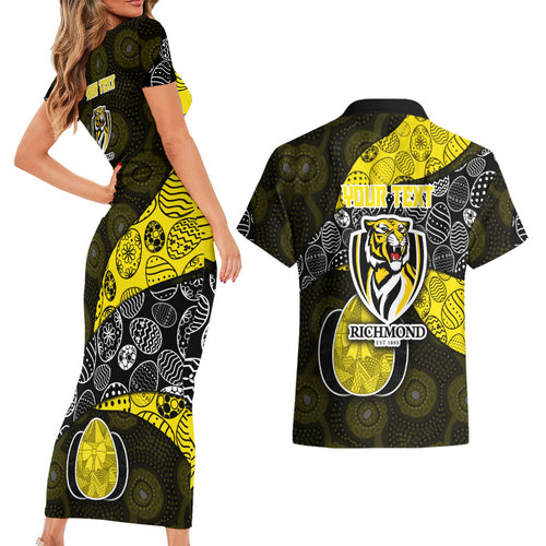 Personalized Richmond Football Couples Matching Short Sleeve Bodycon Dress and Hawaiian Shirt Easter Egg Pattern Yellow Black Tribal Dot Art Style