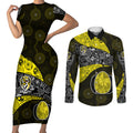 Personalized Richmond Football Couples Matching Short Sleeve Bodycon Dress and Long Sleeve Button Shirt Easter Egg Pattern Yellow Black Tribal Dot Art Style