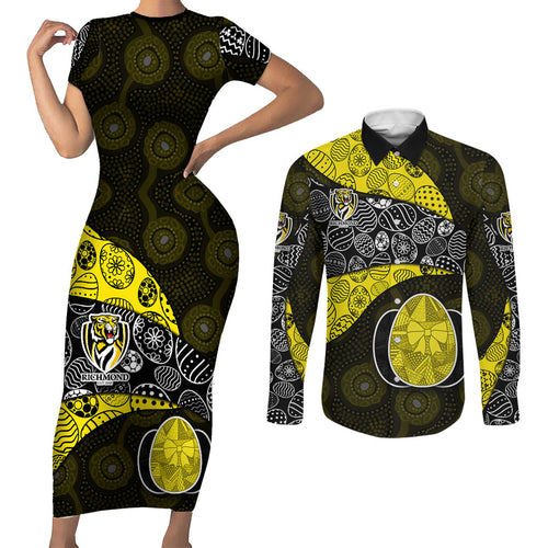 Personalized Richmond Football Couples Matching Short Sleeve Bodycon Dress and Long Sleeve Button Shirt Easter Egg Pattern Yellow Black Tribal Dot Art Style