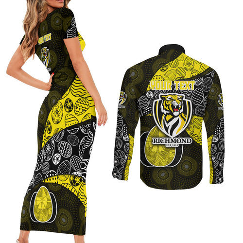 Personalized Richmond Football Couples Matching Short Sleeve Bodycon Dress and Long Sleeve Button Shirt Easter Egg Pattern Yellow Black Tribal Dot Art Style
