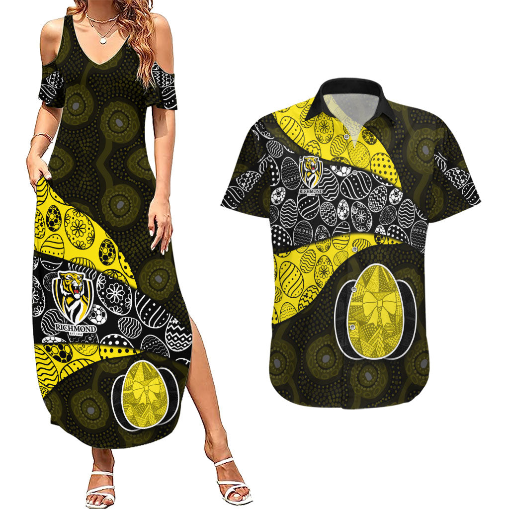 Personalized Richmond Football Couples Matching Summer Maxi Dress and Hawaiian Shirt Easter Egg Pattern Yellow Black Tribal Dot Art Style