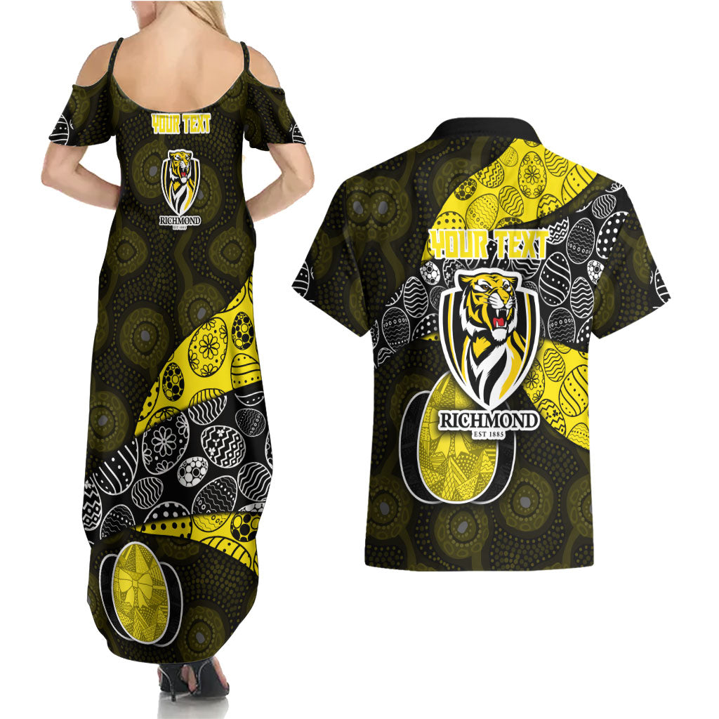 Personalized Richmond Football Couples Matching Summer Maxi Dress and Hawaiian Shirt Easter Egg Pattern Yellow Black Tribal Dot Art Style