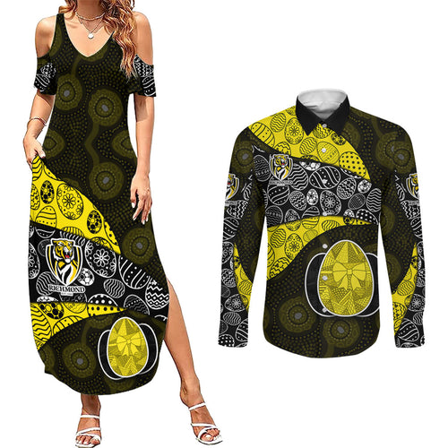 Personalized Richmond Football Couples Matching Summer Maxi Dress and Long Sleeve Button Shirt Easter Egg Pattern Yellow Black Tribal Dot Art Style