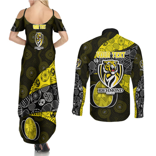 Personalized Richmond Football Couples Matching Summer Maxi Dress and Long Sleeve Button Shirt Easter Egg Pattern Yellow Black Tribal Dot Art Style