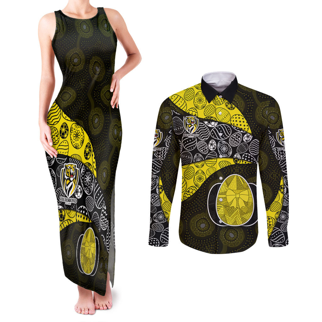 Personalized Richmond Football Couples Matching Tank Maxi Dress and Long Sleeve Button Shirt Easter Egg Pattern Yellow Black Tribal Dot Art Style