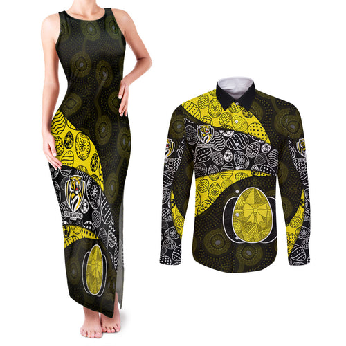 Personalized Richmond Football Couples Matching Tank Maxi Dress and Long Sleeve Button Shirt Easter Egg Pattern Yellow Black Tribal Dot Art Style