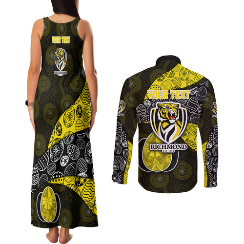 Personalized Richmond Football Couples Matching Tank Maxi Dress and Long Sleeve Button Shirt Easter Egg Pattern Yellow Black Tribal Dot Art Style