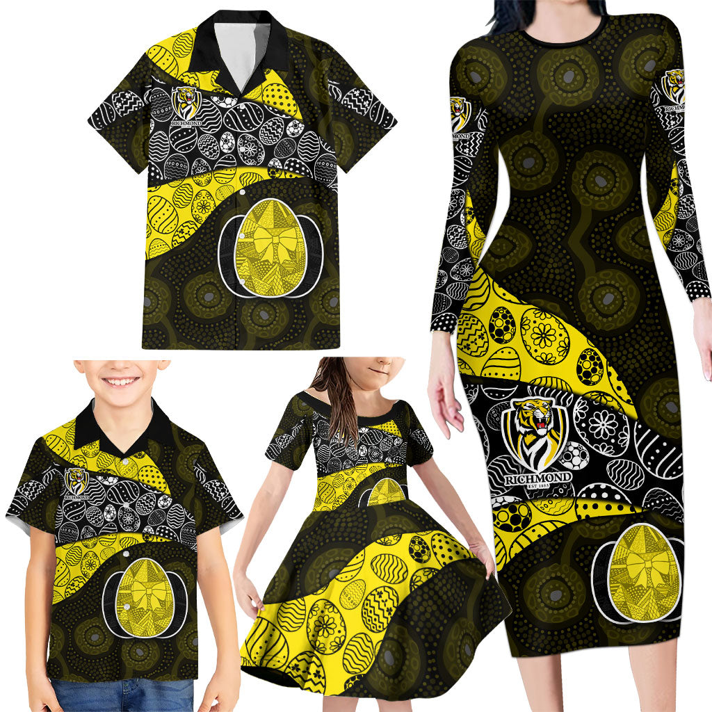 Personalized Richmond Football Family Matching Long Sleeve Bodycon Dress and Hawaiian Shirt Easter Egg Pattern Yellow Black Tribal Dot Art Style