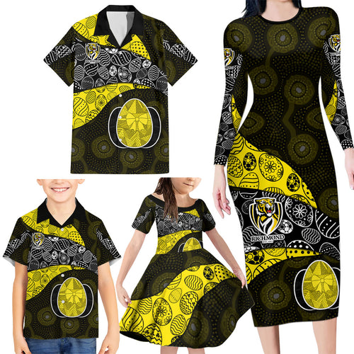 Personalized Richmond Football Family Matching Long Sleeve Bodycon Dress and Hawaiian Shirt Easter Egg Pattern Yellow Black Tribal Dot Art Style