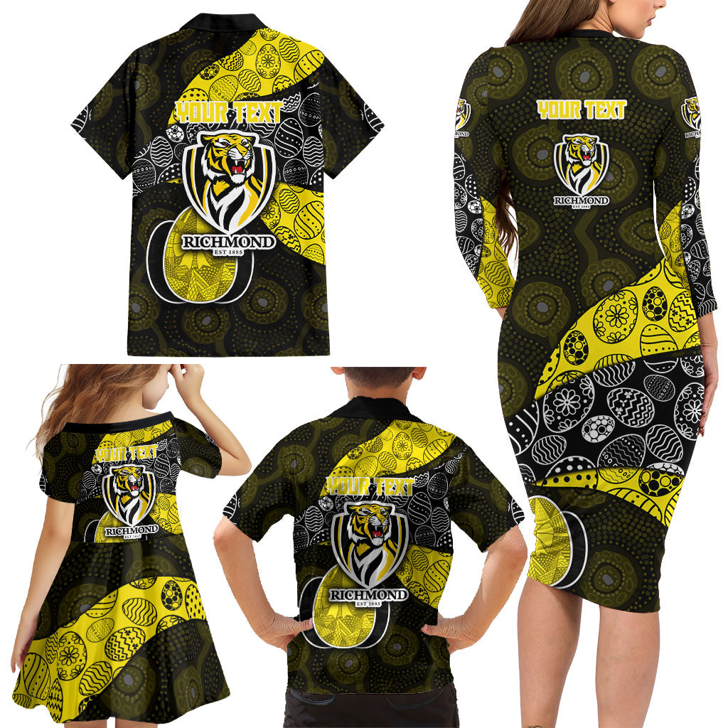 Personalized Richmond Football Family Matching Long Sleeve Bodycon Dress and Hawaiian Shirt Easter Egg Pattern Yellow Black Tribal Dot Art Style
