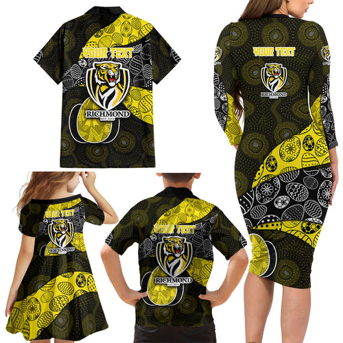 Personalized Richmond Football Family Matching Long Sleeve Bodycon Dress and Hawaiian Shirt Easter Egg Pattern Yellow Black Tribal Dot Art Style