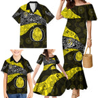 Personalized Richmond Football Family Matching Mermaid Dress and Hawaiian Shirt Easter Egg Pattern Yellow Black Tribal Dot Art Style
