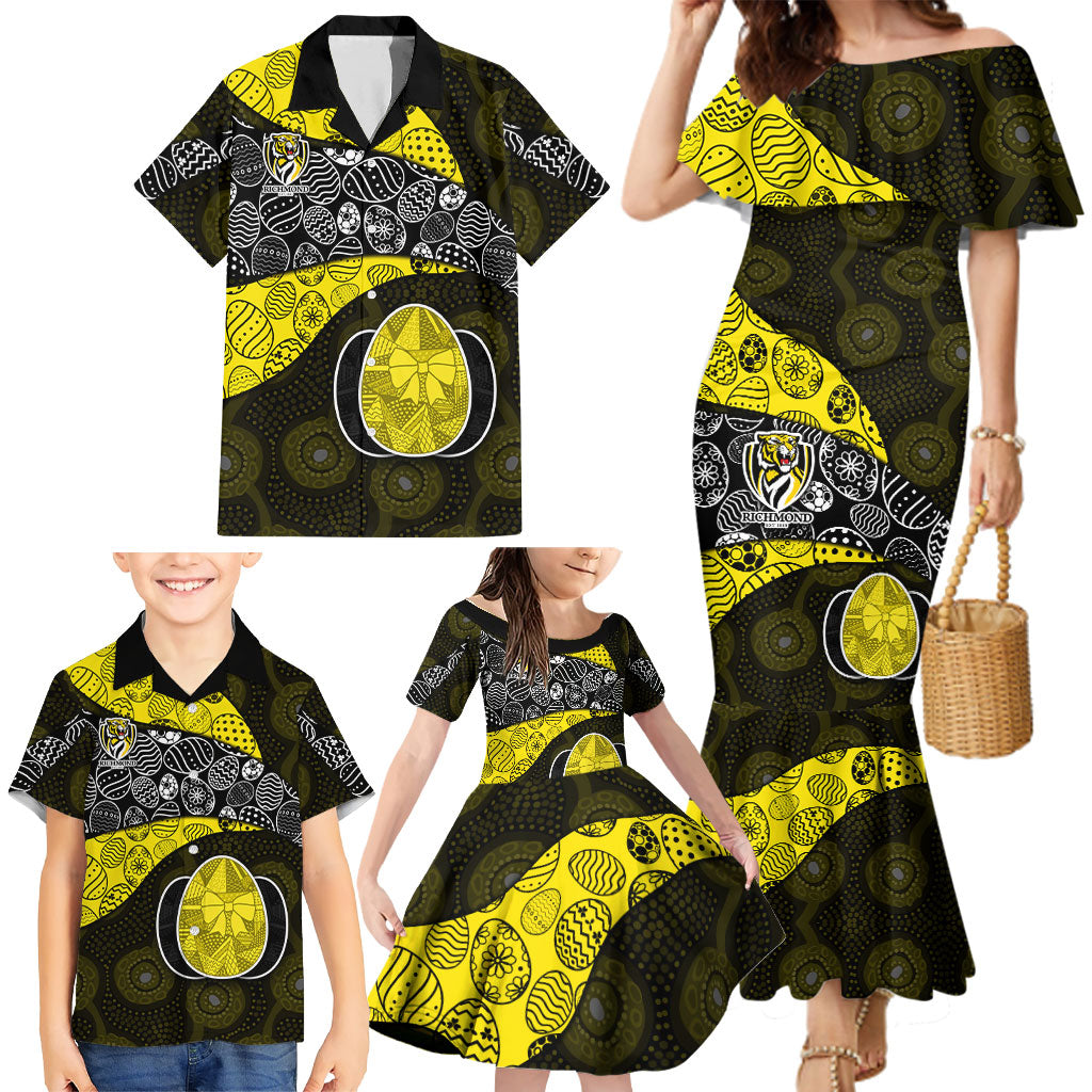 Personalized Richmond Football Family Matching Mermaid Dress and Hawaiian Shirt Easter Egg Pattern Yellow Black Tribal Dot Art Style