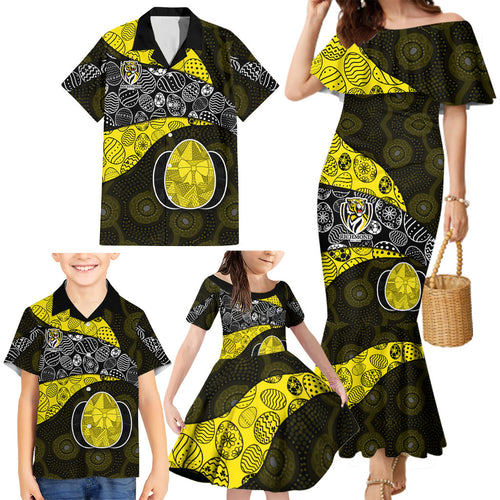 Personalized Richmond Football Family Matching Mermaid Dress and Hawaiian Shirt Easter Egg Pattern Yellow Black Tribal Dot Art Style