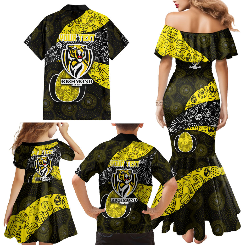 Personalized Richmond Football Family Matching Mermaid Dress and Hawaiian Shirt Easter Egg Pattern Yellow Black Tribal Dot Art Style