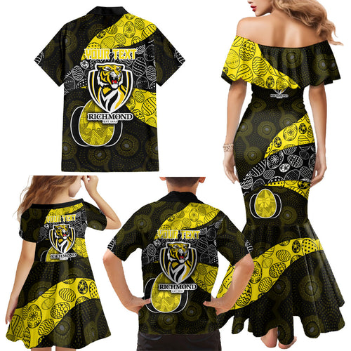 Personalized Richmond Football Family Matching Mermaid Dress and Hawaiian Shirt Easter Egg Pattern Yellow Black Tribal Dot Art Style
