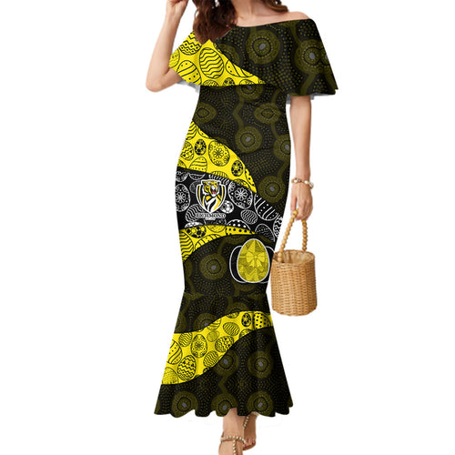 Personalized Richmond Football Family Matching Mermaid Dress and Hawaiian Shirt Easter Egg Pattern Yellow Black Tribal Dot Art Style