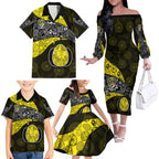 Personalized Richmond Football Family Matching Off The Shoulder Long Sleeve Dress and Hawaiian Shirt Easter Egg Pattern Yellow Black Tribal Dot Art Style