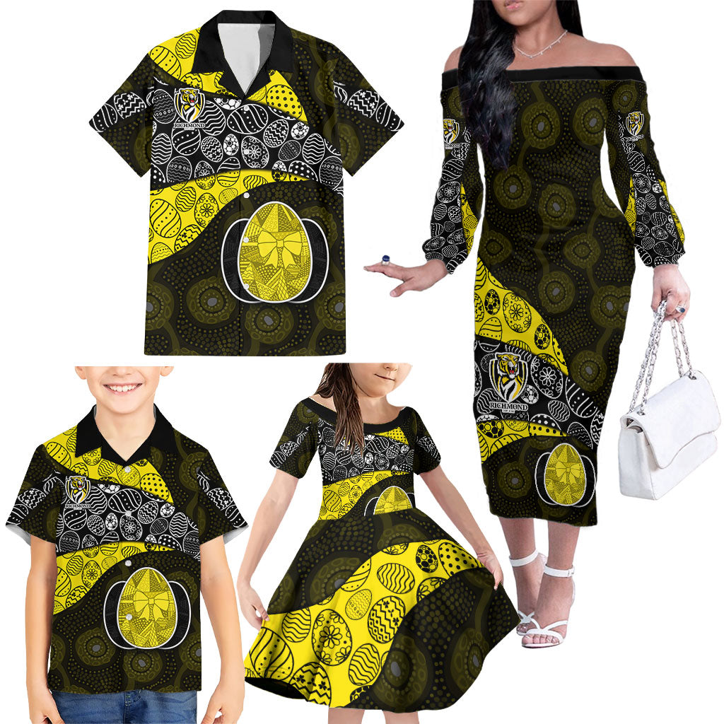 Personalized Richmond Football Family Matching Off The Shoulder Long Sleeve Dress and Hawaiian Shirt Easter Egg Pattern Yellow Black Tribal Dot Art Style