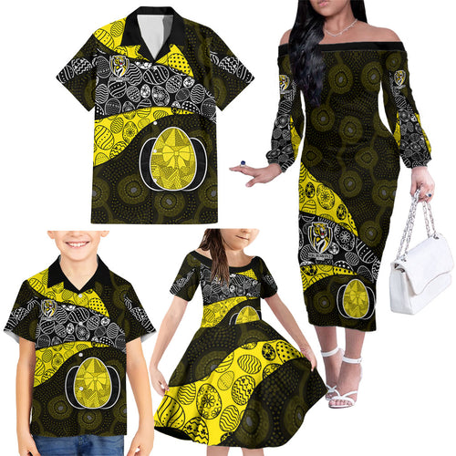 Personalized Richmond Football Family Matching Off The Shoulder Long Sleeve Dress and Hawaiian Shirt Easter Egg Pattern Yellow Black Tribal Dot Art Style