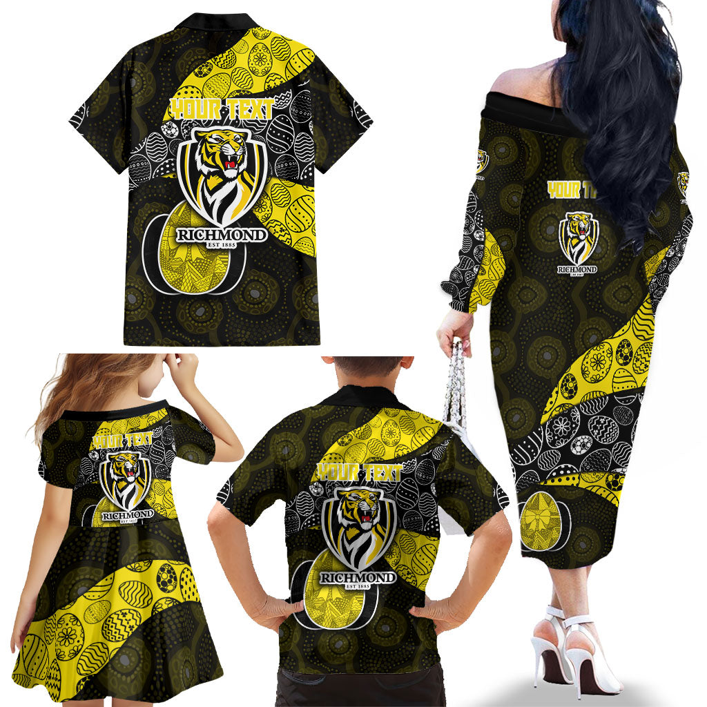 Personalized Richmond Football Family Matching Off The Shoulder Long Sleeve Dress and Hawaiian Shirt Easter Egg Pattern Yellow Black Tribal Dot Art Style