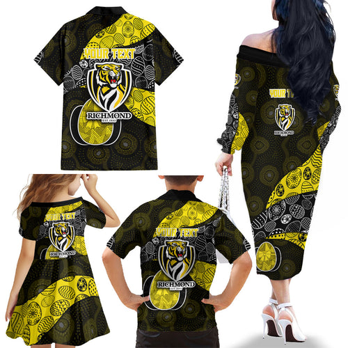 Personalized Richmond Football Family Matching Off The Shoulder Long Sleeve Dress and Hawaiian Shirt Easter Egg Pattern Yellow Black Tribal Dot Art Style