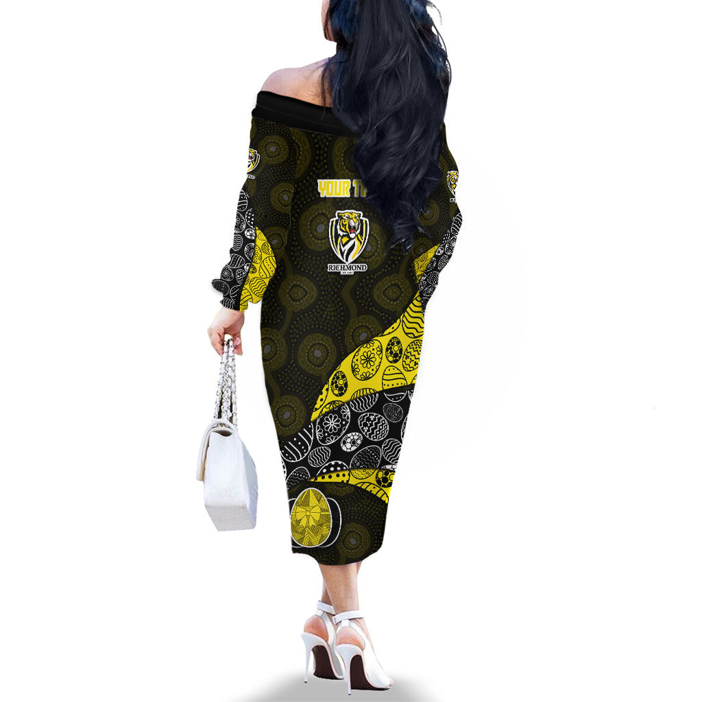 Personalized Richmond Football Family Matching Off The Shoulder Long Sleeve Dress and Hawaiian Shirt Easter Egg Pattern Yellow Black Tribal Dot Art Style