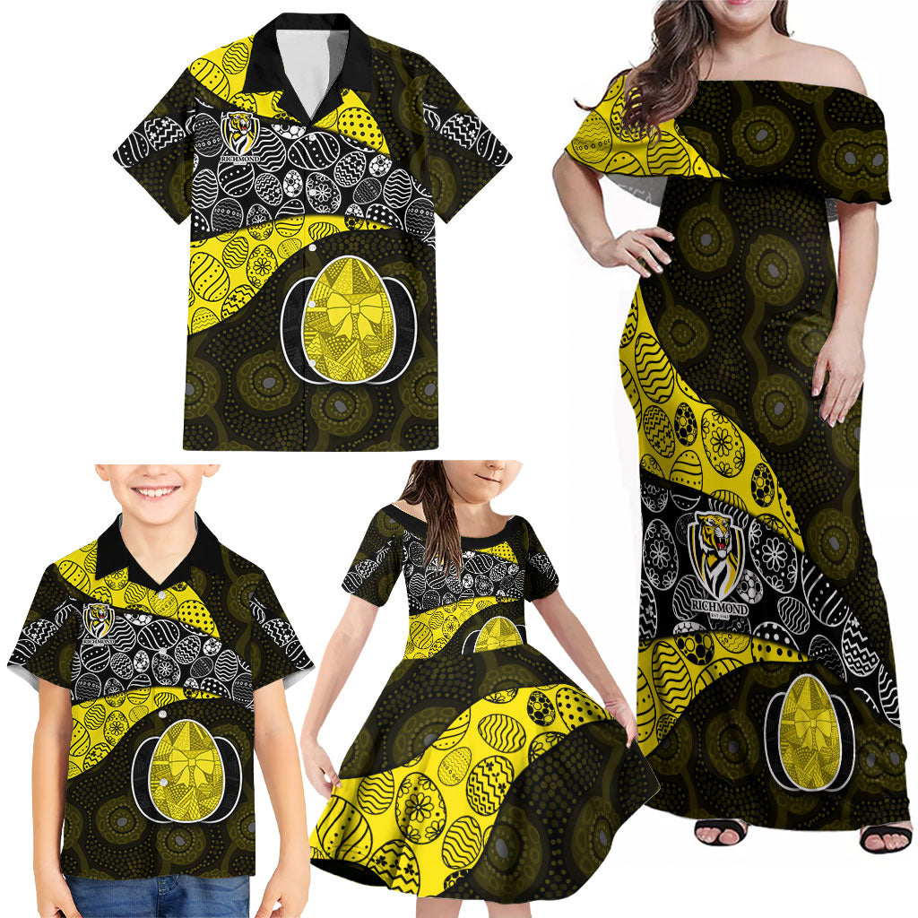 Personalized Richmond Football Family Matching Off Shoulder Maxi Dress and Hawaiian Shirt Easter Egg Pattern Yellow Black Tribal Dot Art Style