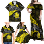 Personalized Richmond Football Family Matching Off Shoulder Maxi Dress and Hawaiian Shirt Easter Egg Pattern Yellow Black Tribal Dot Art Style