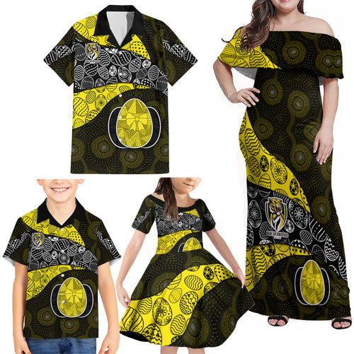 Personalized Richmond Football Family Matching Off Shoulder Maxi Dress and Hawaiian Shirt Easter Egg Pattern Yellow Black Tribal Dot Art Style